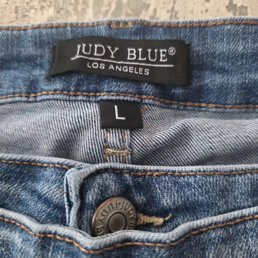 Judy Blue Factory Distressed Denim Asymmetrical Wrap Skort Size Large